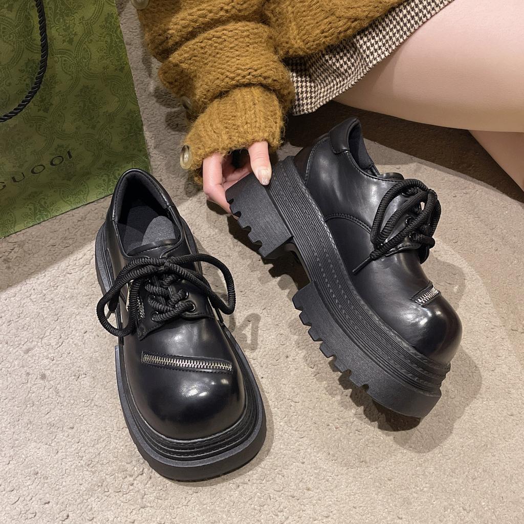 Fashionable British style butterfly bow  early spring new JK flat height retro thick sole thick heel small leather shoes