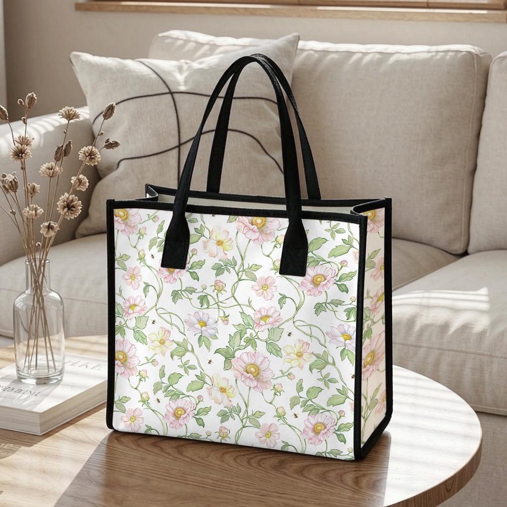 Floral Tote Bag Large Capacity Casual Handbag for Shopping Daily Use Lightweight Canvas Tote