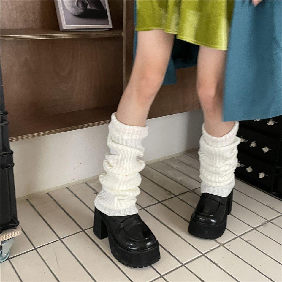 Japanese Style Solid Knit Thick Mid Calf Leg Warmers Women JK Uniform Y2K Stacked Socks Layered Leggings