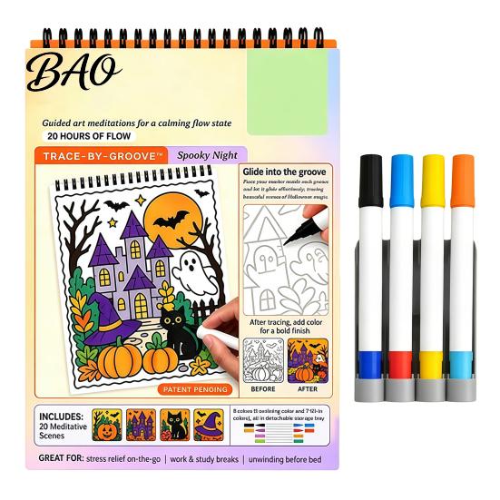 Spiral Bound Drawing Album Trace-By-Groove Guided Coloring Book, Clear Artistic Printing with 20 Decorative And Painting Set for Teens Scenes