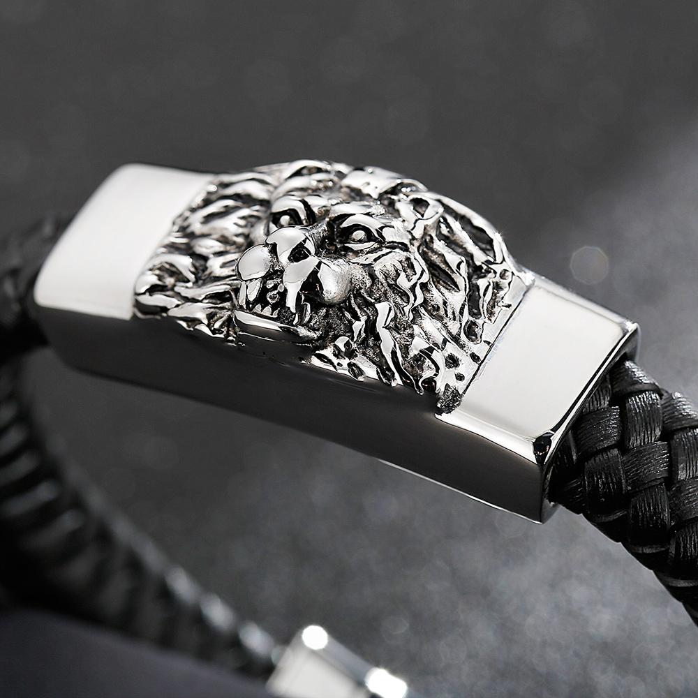 Gotiska Djursmycken 316L Rostfritt Stål Kung Lejonhuvud Armband för Män Herr Flätat Läder Manschett Wrap Armband Armband