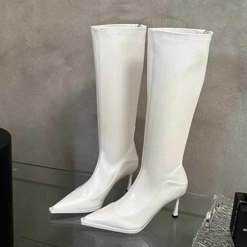 

Дизайн Мягкий Острый Носок Женские Сапоги до Колена Дизайнерская Вечеринка Платье Уличные Длинные Ботильоны Тонкие Каблуки Обувь 35 белый