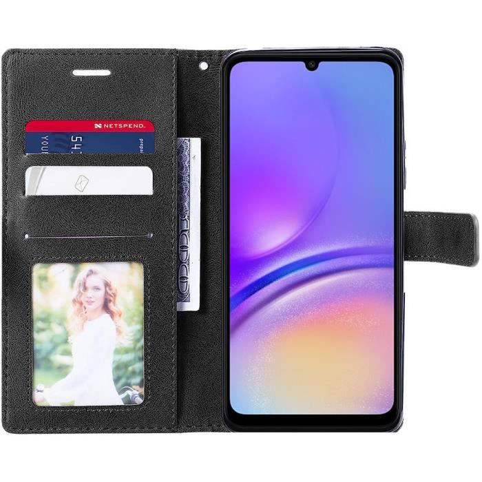 Coque pour Samsung Galaxy A05 - Noir - Cuir Synthétique Design linéaire Protection Intégrale Antichoc (pas pour Galaxy A05s)