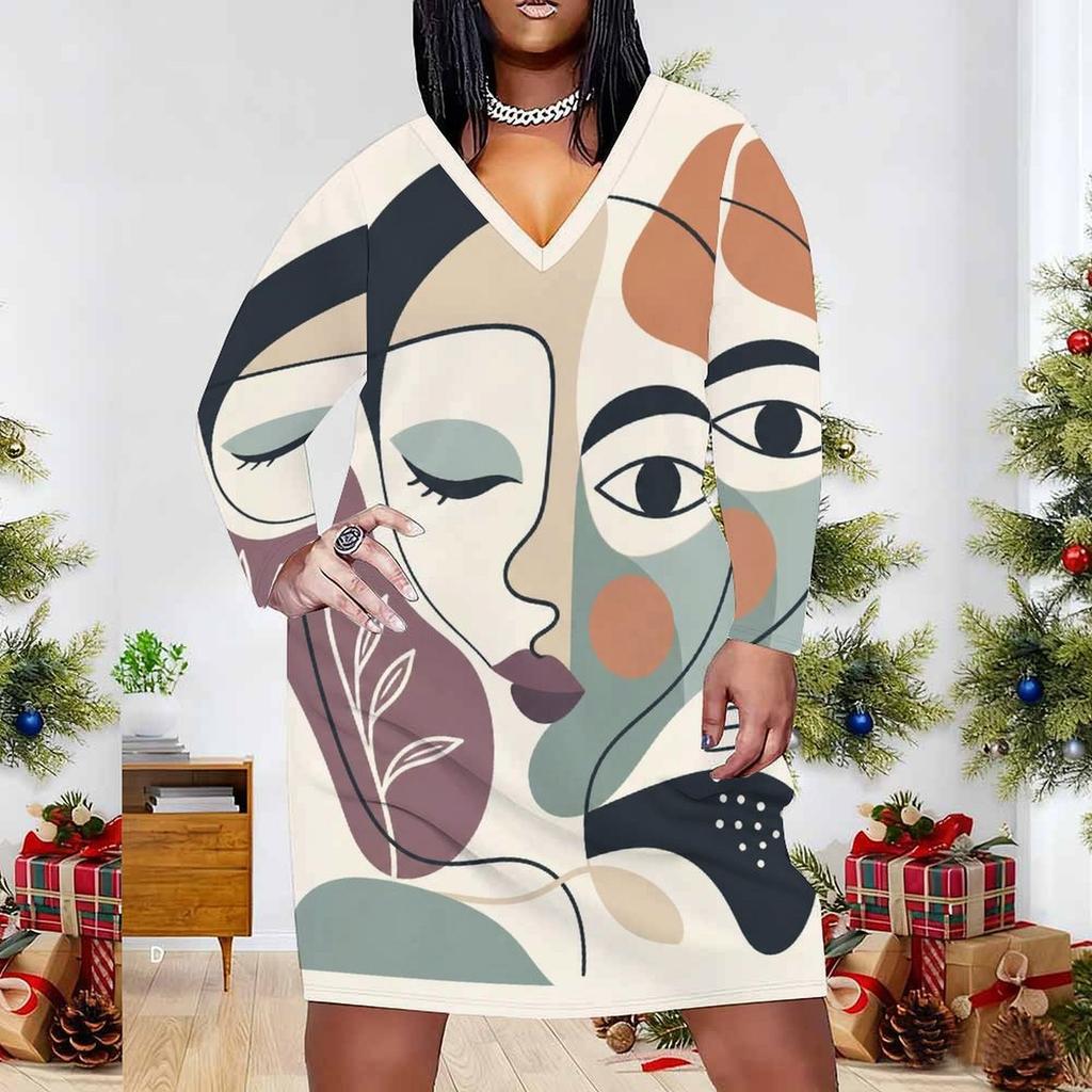 Women Plus Size V Neck Long Sleeve Abstract Leaf Printed Straight Dress