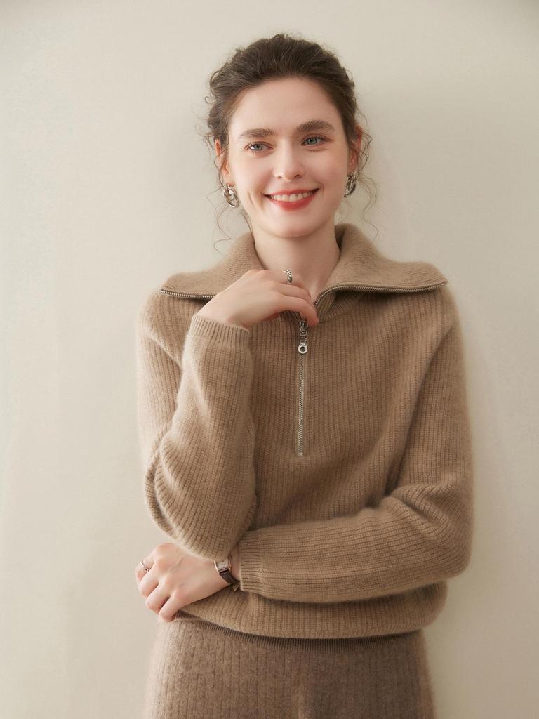 Women's Ribbed Knit Cashmere Lapel Half-Zip Sweater - Thick, Warm, Versatile, Loose Fit (2025)