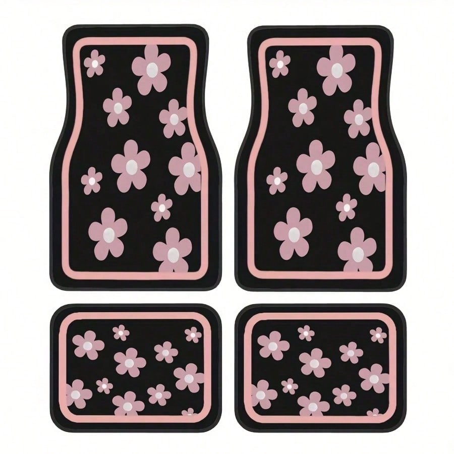 4 Stück Auto-Fußmatten, Niedliches Rosa Blumenmuster, Strapazierfähiges Polyester-Material, Vordere und Hintere Matten, Für Vollständigen Schutz des Auto-Innenraums