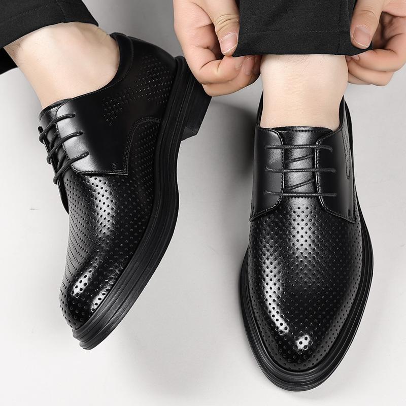 Leather Shoes Men's 2025 Hollow Summer Breathable Business Dress Leather Shoes In the UK Increase 8CM Groom Wedding Shoes Tide