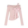 Pure Desire Pink One-Shoulder Bow Lace Top - Sweet & Spicy Autumn/Winter Women's Base Layer