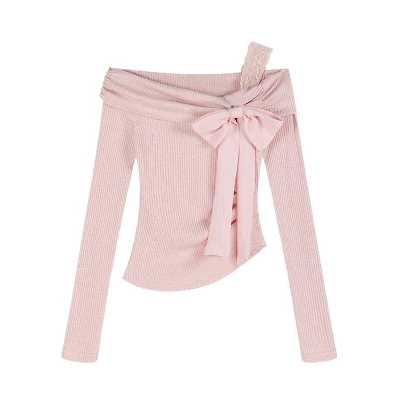 Pure Desire Pink One-Shoulder Bow Lace Top - Sweet & Spicy Autumn/Winter Women's Base Layer