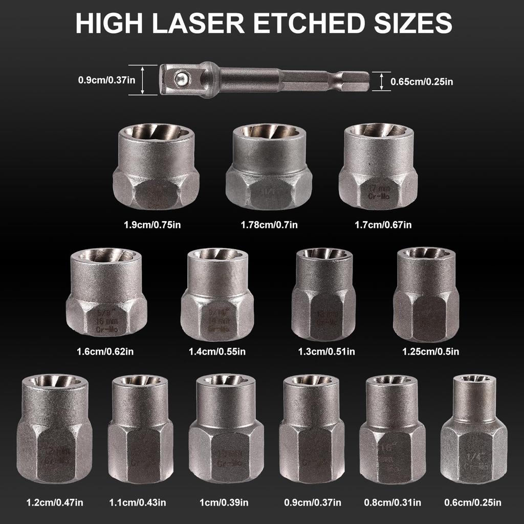 14 Pieces Impact Bolt & Nut Remover Set Cr-Mo Steel Bolt Extractor Tool Set with Solid Storage Case for Industrial Drop Shipping