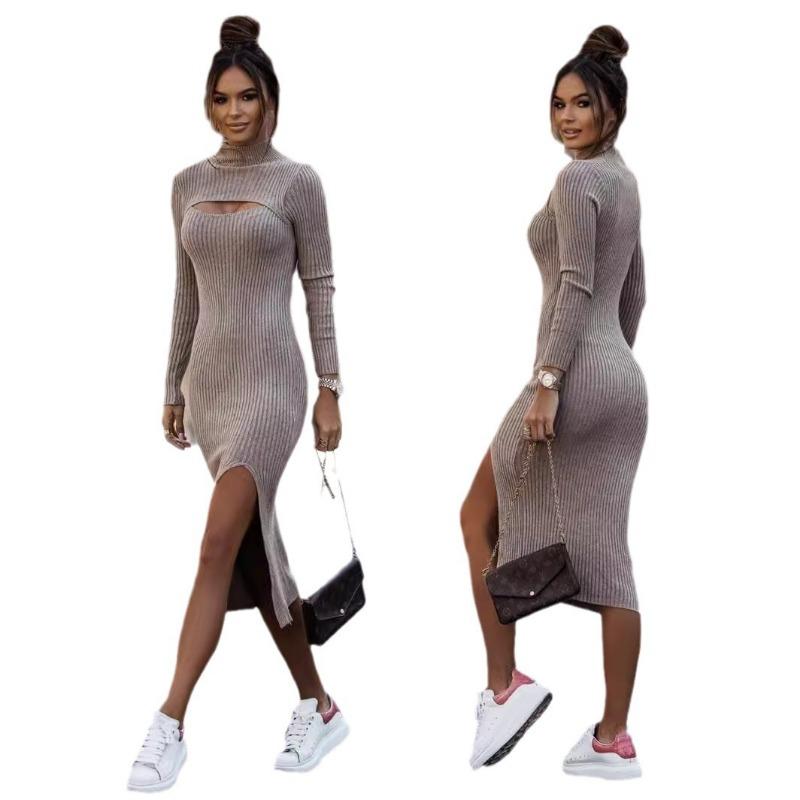 Jesienna i zimowa damska sukienka w jednolitym kolorze z wycięciem