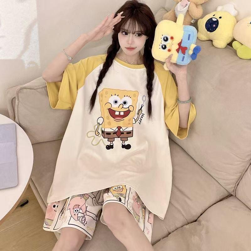 Women's Plus Size Summer Cartoon Pajama Set - Cute Donald Duck Short Sleeve Homewear