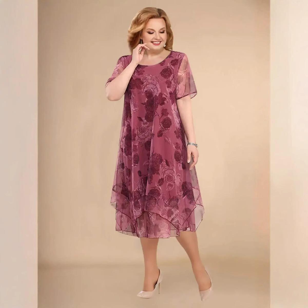 Women s Plus Size Floral Print Mesh Sleeve Dress L красный