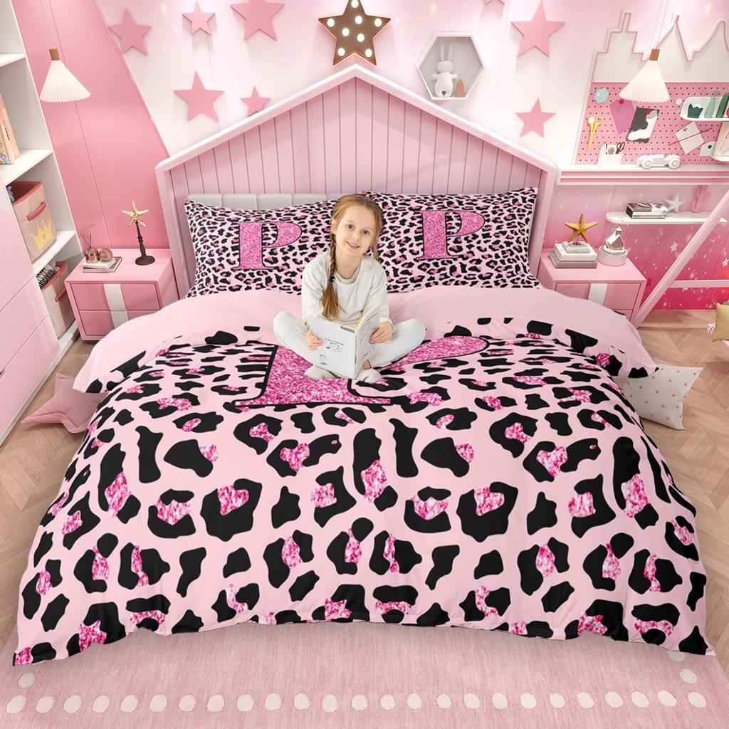Homewish Pink Leopard Print Duvet Cover Set for Girls 2pcs/3pcs, Glitter Monogrammed Bedding Set, Personalized Letter Bed Set