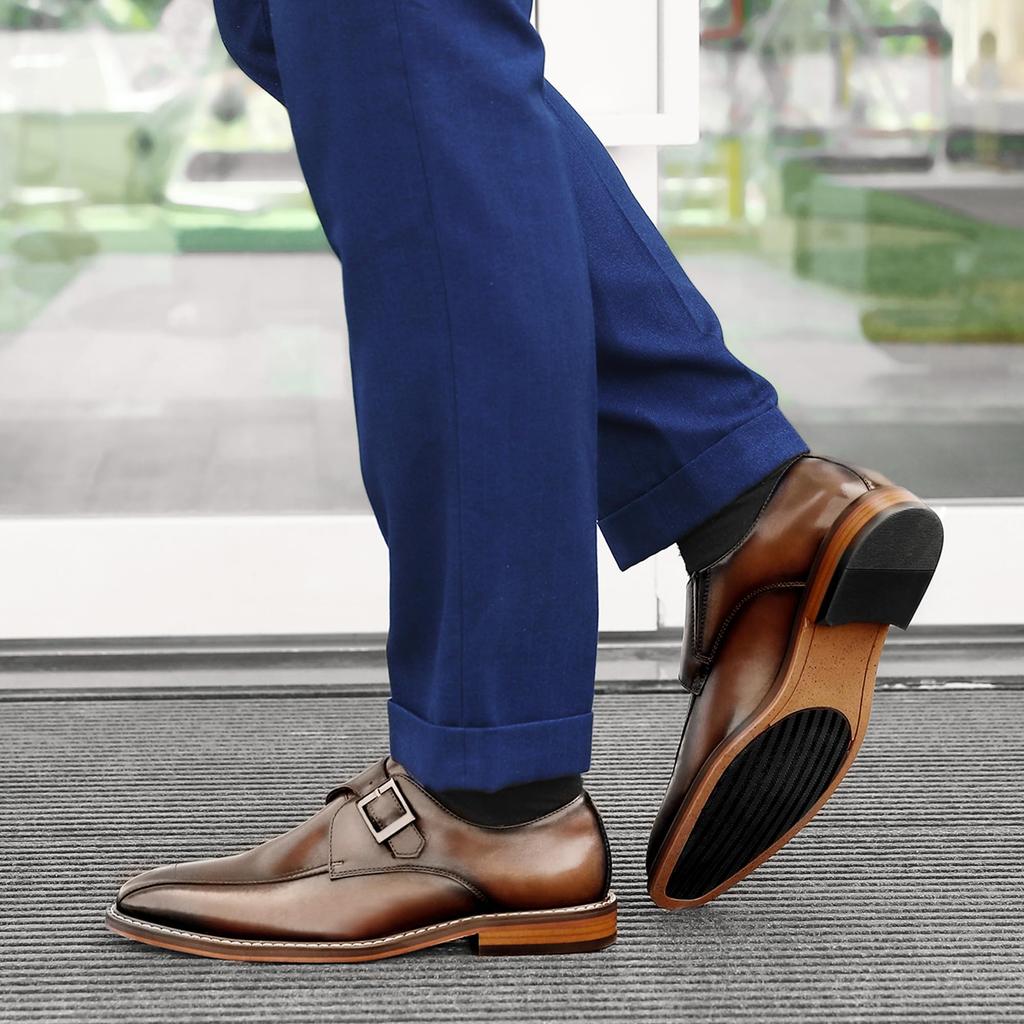 Foxsense Leather Dress Genuine Monk Straight Lightweight and Size Men's Shoes, Leather, Strap, Tip, Luxury, Waterproof, Formal, Brown, 26.5cm,