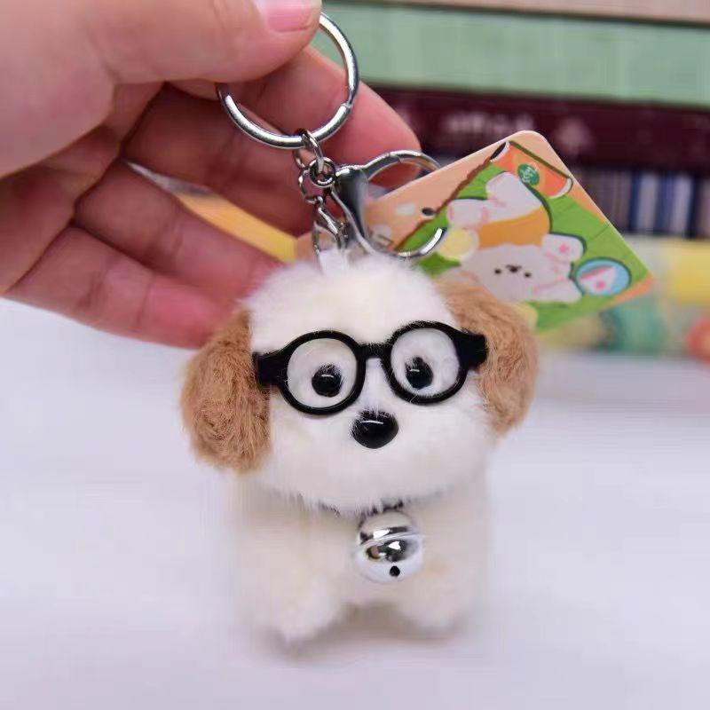 Cute Plush Puppy Keychain With Glasses Soft Cartoon Doll Bag Charm For Kids Students School Backpack Accessory Gift