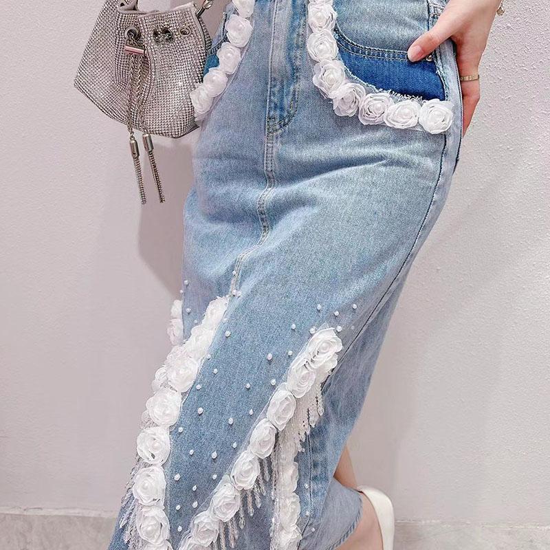 Fashionable 3D Flowers Denim Skirt for Women with High Waist and Beaded Tassels