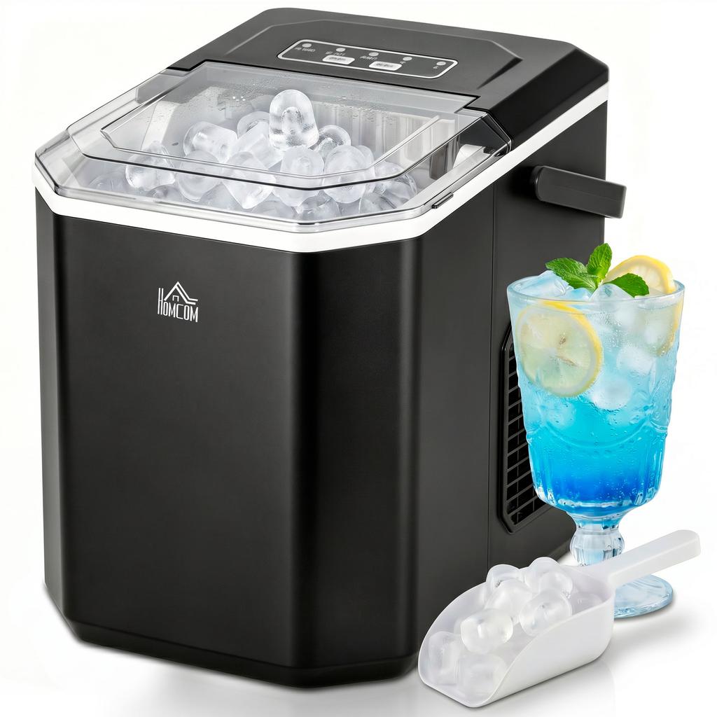 Self-cleaning ice maker, 9 ice cubes in 6-13 min, basket, scoop, 22.2 x 29.4 x 29 cm, black
