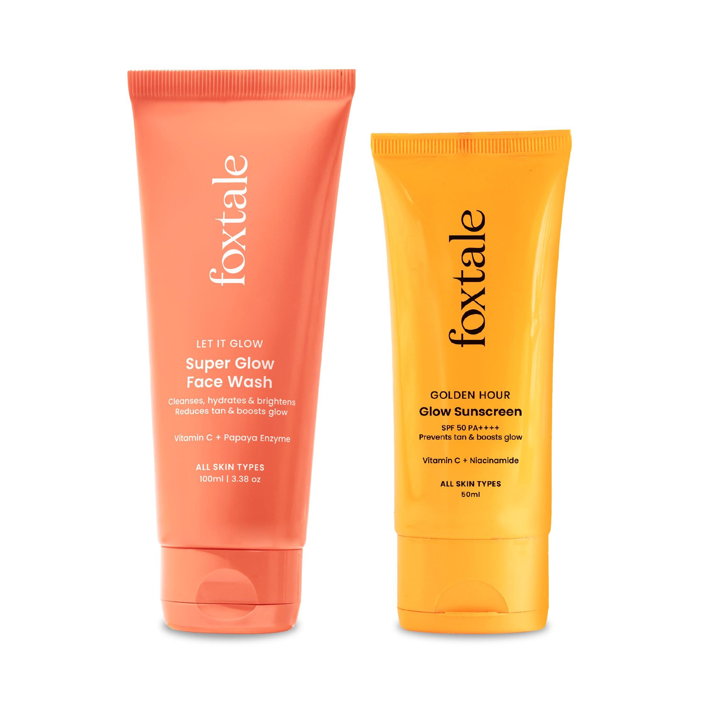 Foxtale Bright Start Duo | Super Glow Face Wash with Vitamin C & Papaya Enzyme + SPF 50 Glow Sunscreen with Vitamin C & Niacinamide | Daily Tan Rem