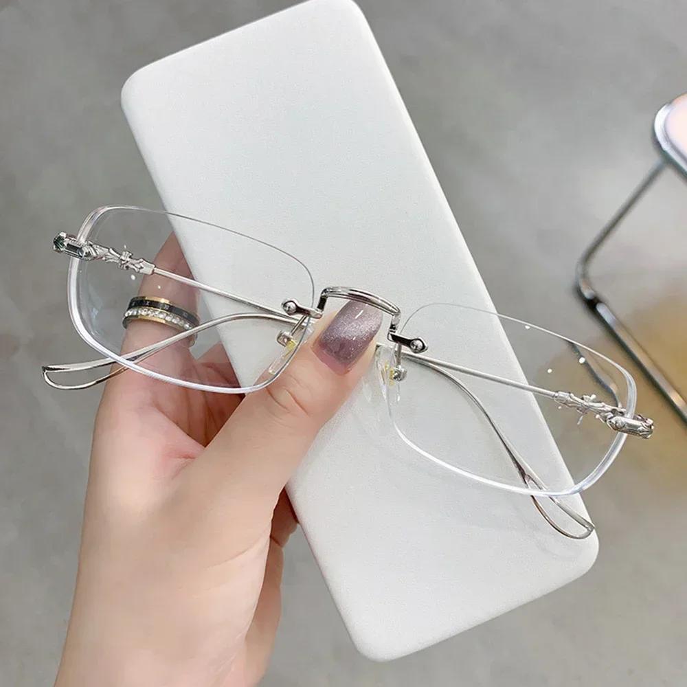 Transparent Square Rimless Eyeglasses Blue Light Blocking Glasses Fashion Frameless for Women Men Silver Computer Glasses
