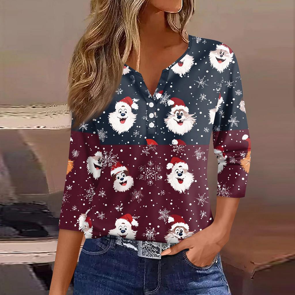 Women's T Shirt Tee Christmas Printed Button 3/4 Sleeve Tunic Daily Weekend Fashion Basic V- Neck Regular Top