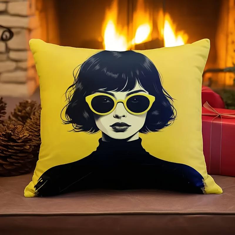 1 Stück Gelber Hintergrund Retro Mädchen Druck Kissenbezug, Geeignet für Sofa, Schlafzimmer, Wohnzimmer, Ein Stilvolles Geschenk für Modefans