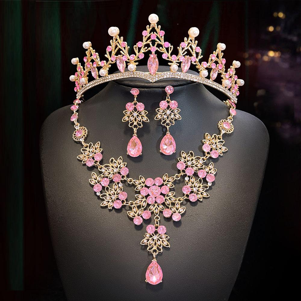 Bruidskroon Drie Delig Set Bruiloftskroon Hoofddeksel Ketting Oorbellen Super Glanzend Bruidsjurk en Avondjurk Accessoires