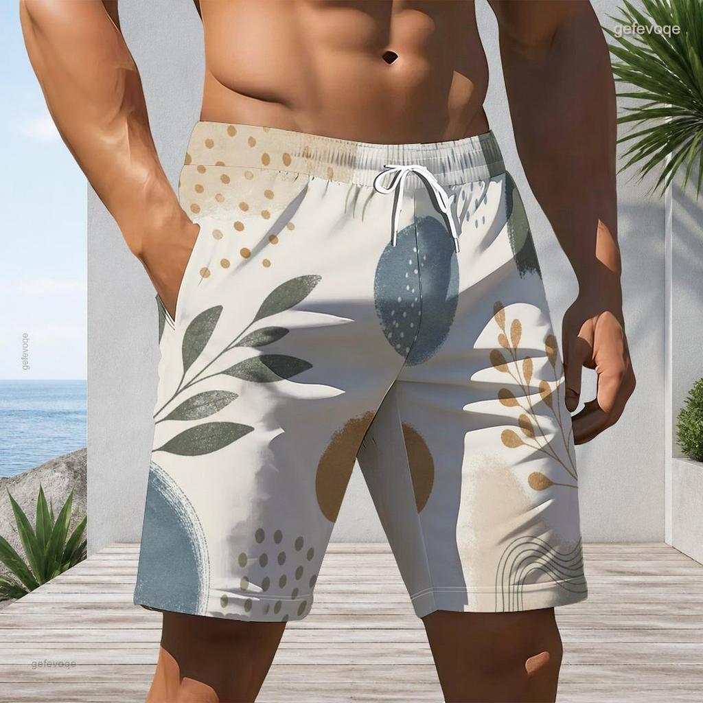 Men Plus Size Abstract Boho Plant Geometric Print Beach Shorts Quick Dry Lightweight Drawstring Casual Swim Trunks For Summer Beach Surfing Holiday