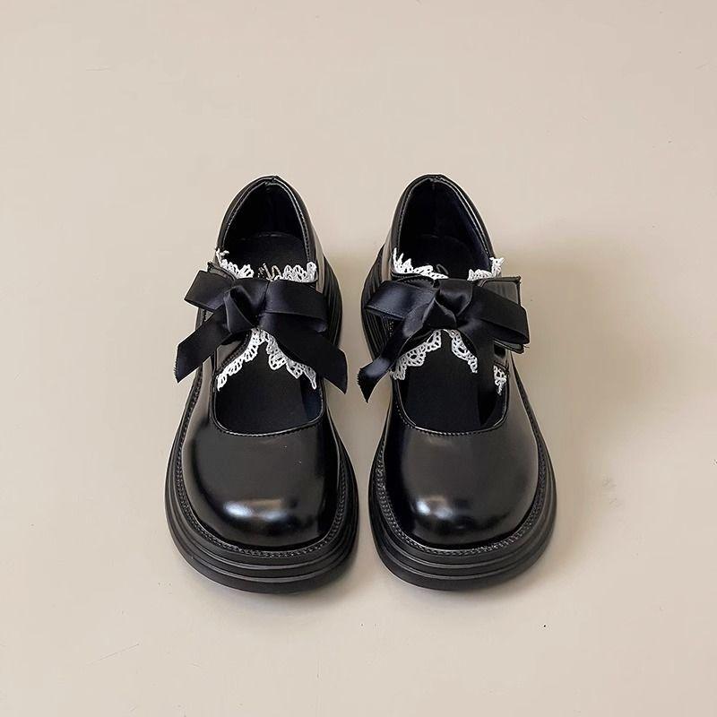 Bowknot Small Leather Shoes for Women, Summer Lace Thick-soled Mary Jane Round-toed Jk Loafers,Cute Shallow Opening Single Shoes