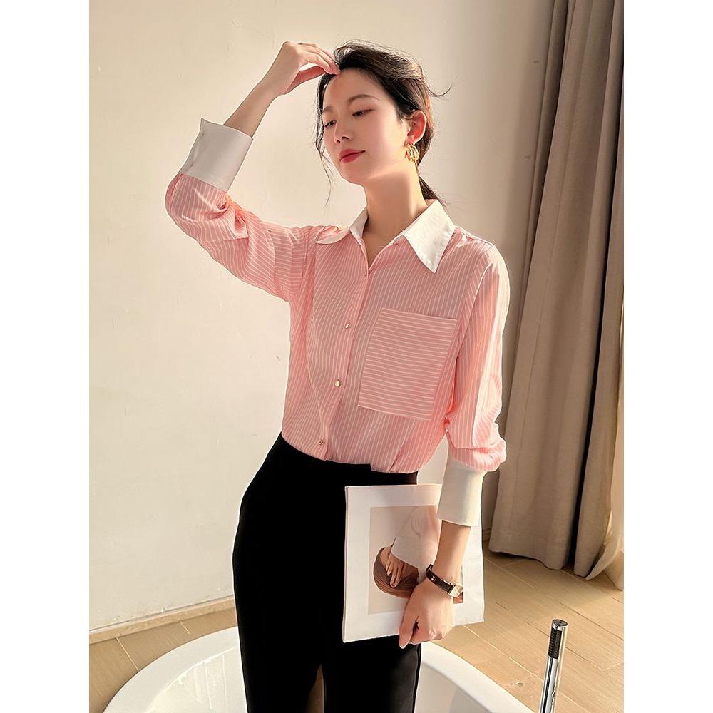 Cămașă cu Guler cu Dungi Verticale Versiune Coreeană Stil Primăvară Toamnă Nișă Temperament Navetist Cardigan cu Nasturi Multipli