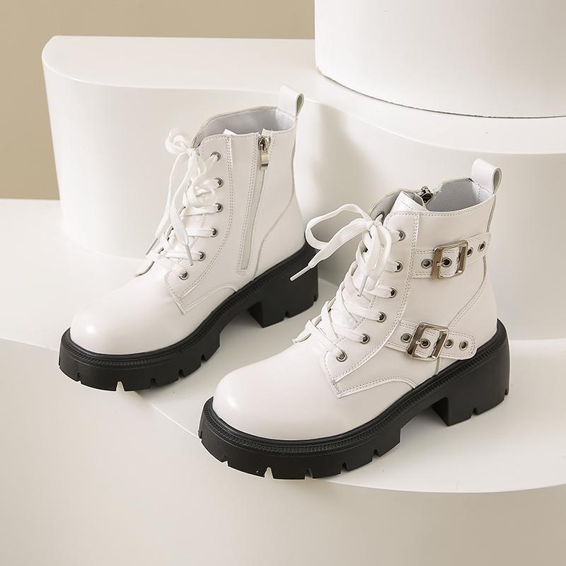 Fashion Fashion Metal Buckle Platform Non-slip Wear-resistant Mid-leg Boots Autumn New Round Toe Zip Block Heel Shoes
