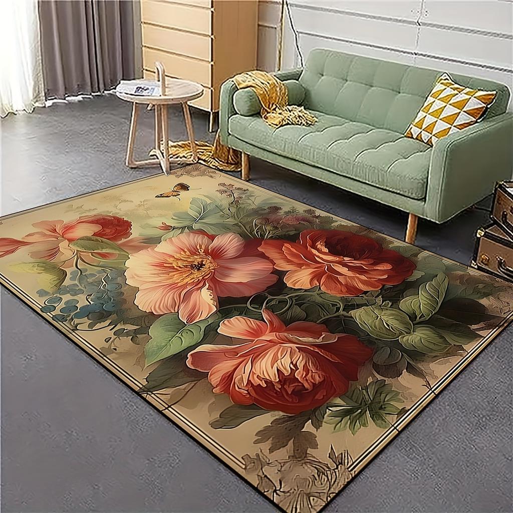 Chinese Peony Printed Rug Non-Slip Washable Polyester Mat, Floral Decor for Bedroom,Living Room, Garden, Camping Indoor/Outdoor