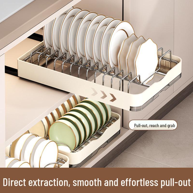 Pull-Out Kitchen Cabinet Dish Rack with Built-in Shelf and Draining Basket