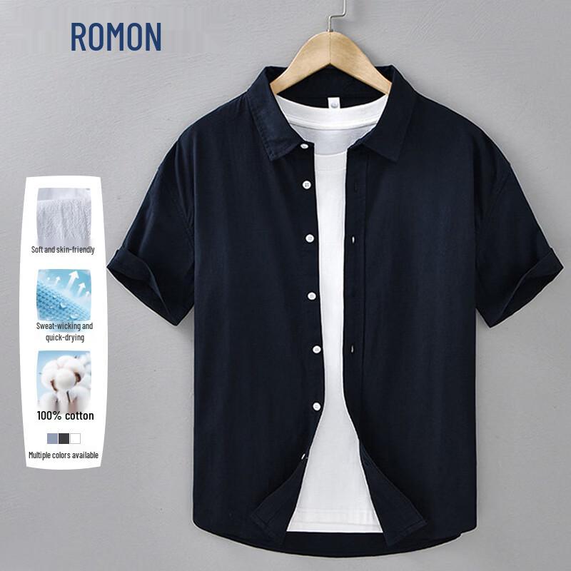 ROMON Men s Casual Short Sleeve Cotton Shirt 2XL