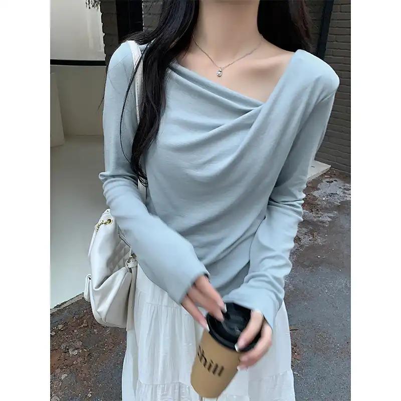 Spring and Autumn Gentle Style Slim Long Sleeve T-Shirt Women's Irregular Twist Slim Top