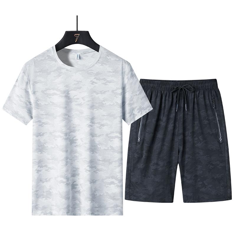 Summer Short Sleeved Fitness Two Piece Men s Running Sports Ice Silk Set Men s Camouflage Sports Set XXXXXL белый