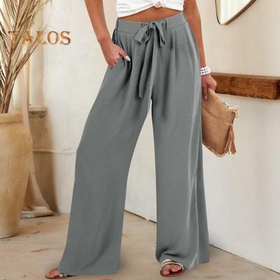 Women Pants Elastic Waist Casual Loose Fit Trousers with Pockets Solid Color Wide Leg Long Pants Work Leisure Wear