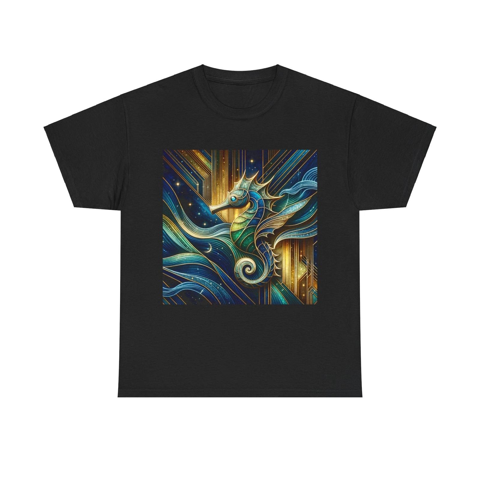 Unisex Adult T Shirt Art Deco Midnight Seahorse Ocean Life Vintage Style Summer M