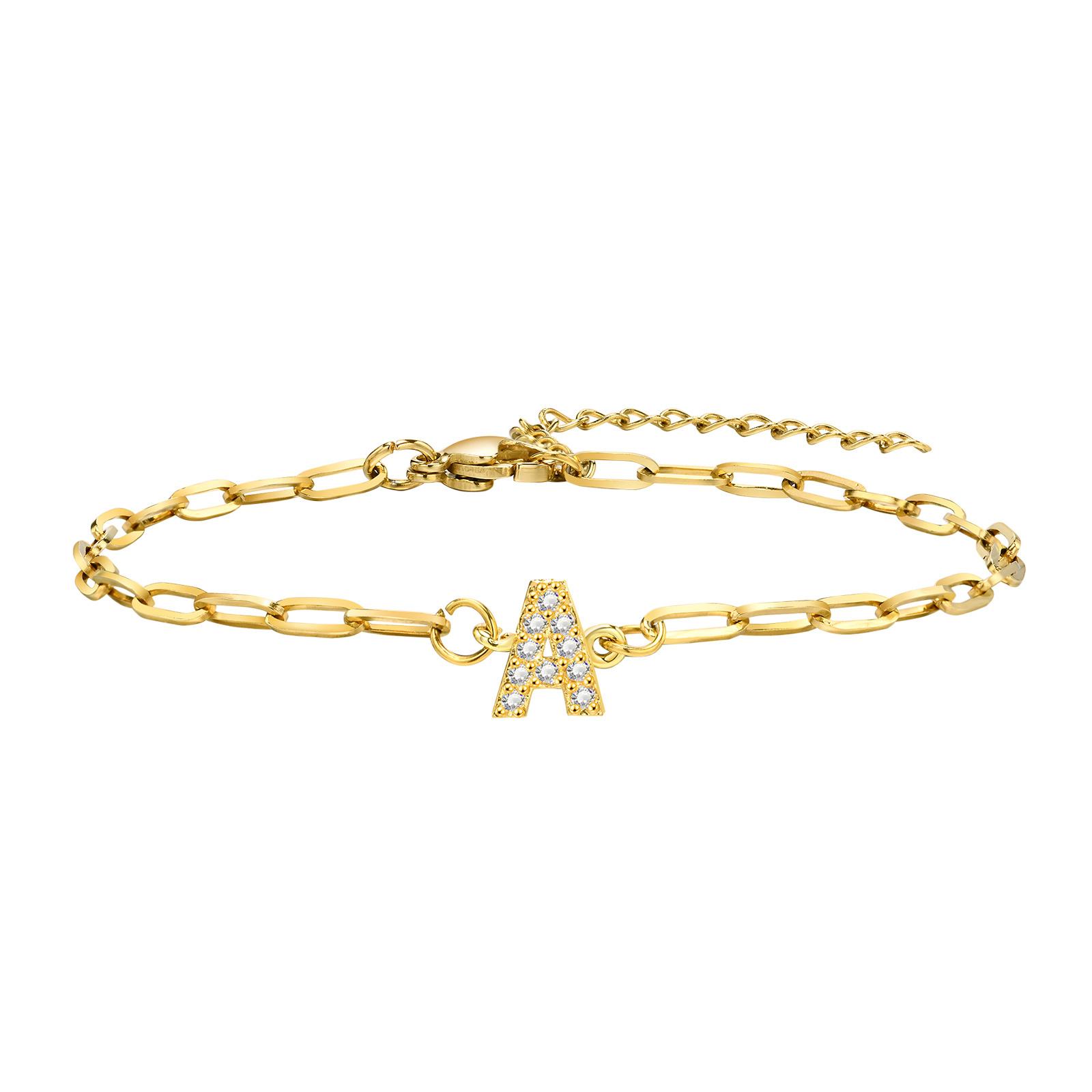 

Charms Pave Initial Letter Bracelet, Paperclip Satellite Chain Stainless Steel Gold Plated, Handmade Jewelry for Women A