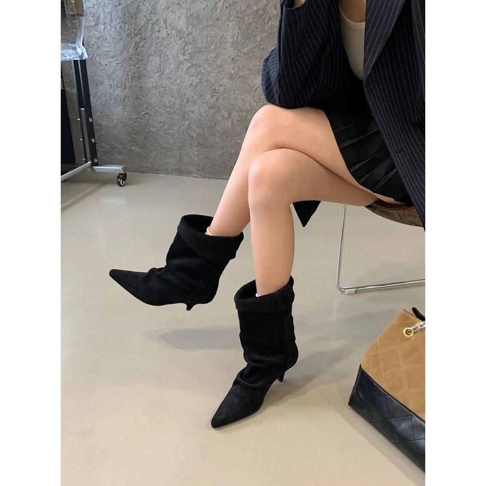 Stivaletti da Donna Vintage Punta Sottile Tacco Basso Scarpe Autunno Inverno Stivaletti Corti