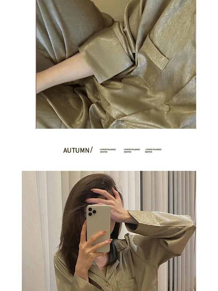 High-end Olive Green Turn-down Collar Cardigan Pajama Set for Women - Autumn Temperament, Long-sleeved Homewear.