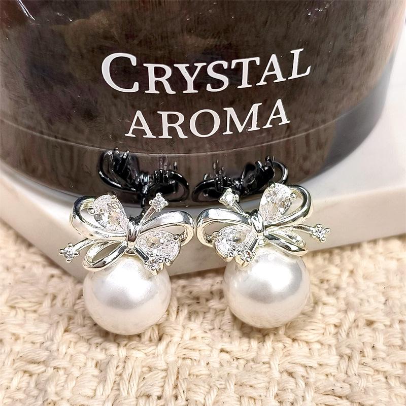 Copper Plated Gold  Silver Bow Pearl Zirconia Stud Earrings