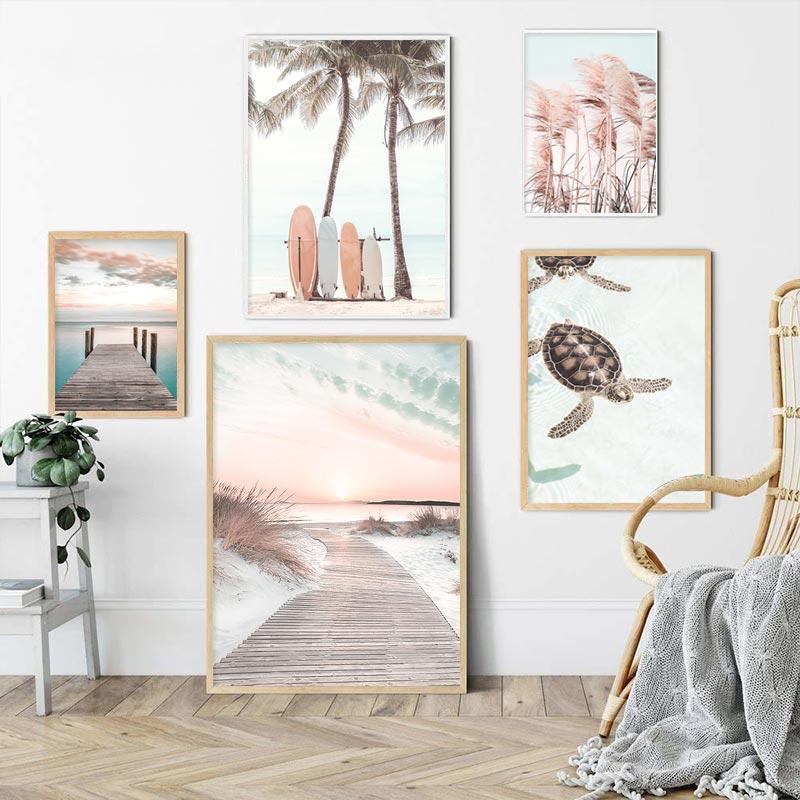Beach Sea Wave Bridge Starfish Shell Reed Pink Wall Art Canvas Painting Nordic Posters And Prints Picture Living Room Home Decor