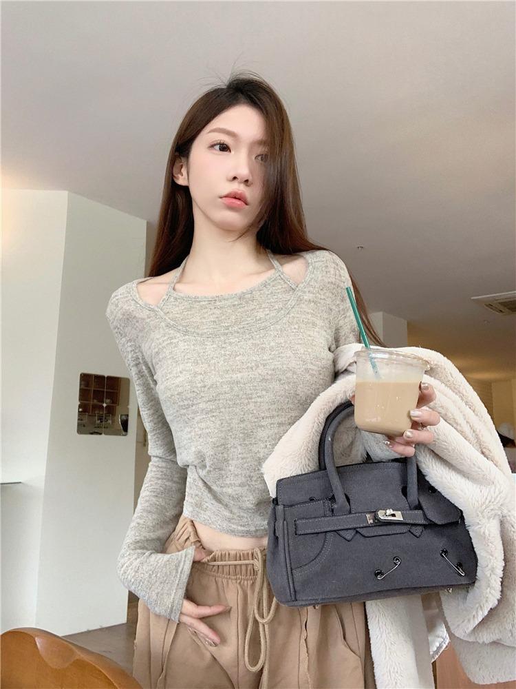 Sweet Hanging Neck Fake Two Pieces Tops Women Korean Chic Bottoming Slim T-Shirt Harajuku Fashion Casual Clothes Autumn 2024 New