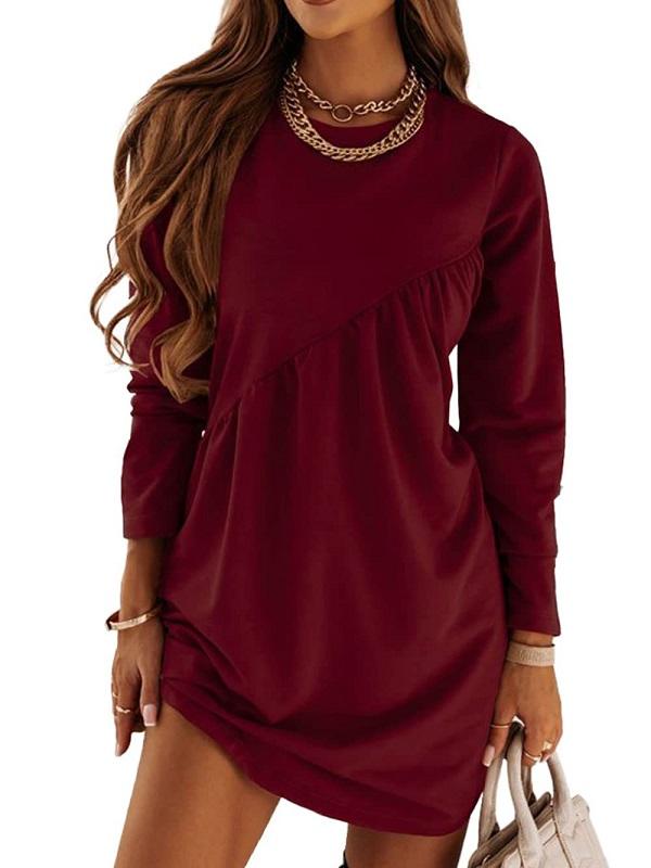 

Модное осенне-зимнее новое однотонное платье нерегулярной формы с круглым вырезом и длинными рукавами, короткая юбка, женские вечерние платья M вино красного