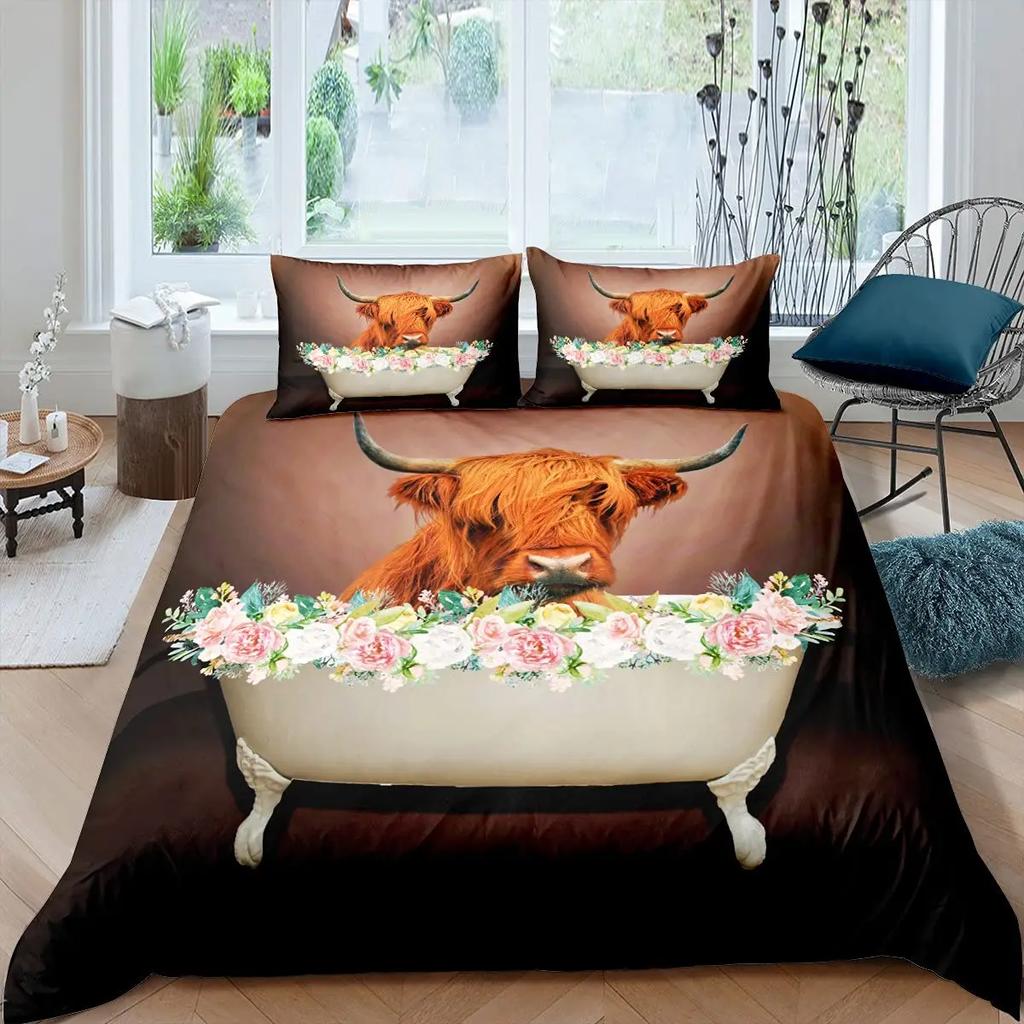 Cartoon Highland Cow Duvet Cover Set Western Animal Bedding Set 3D Ocean Bull Cattle Comforter Cover Floral Branches Quilt Cover