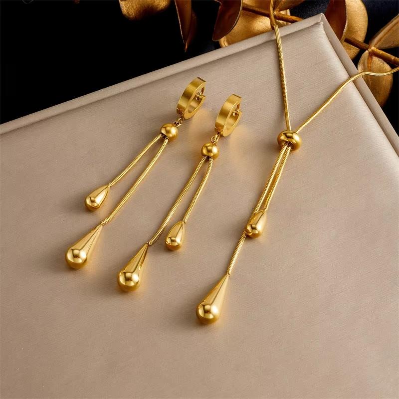 

Simple New Design Stainless Steel Necklace Earring Set Adjustable Water Drop Shaped Set For Women Wedding Party Gifts