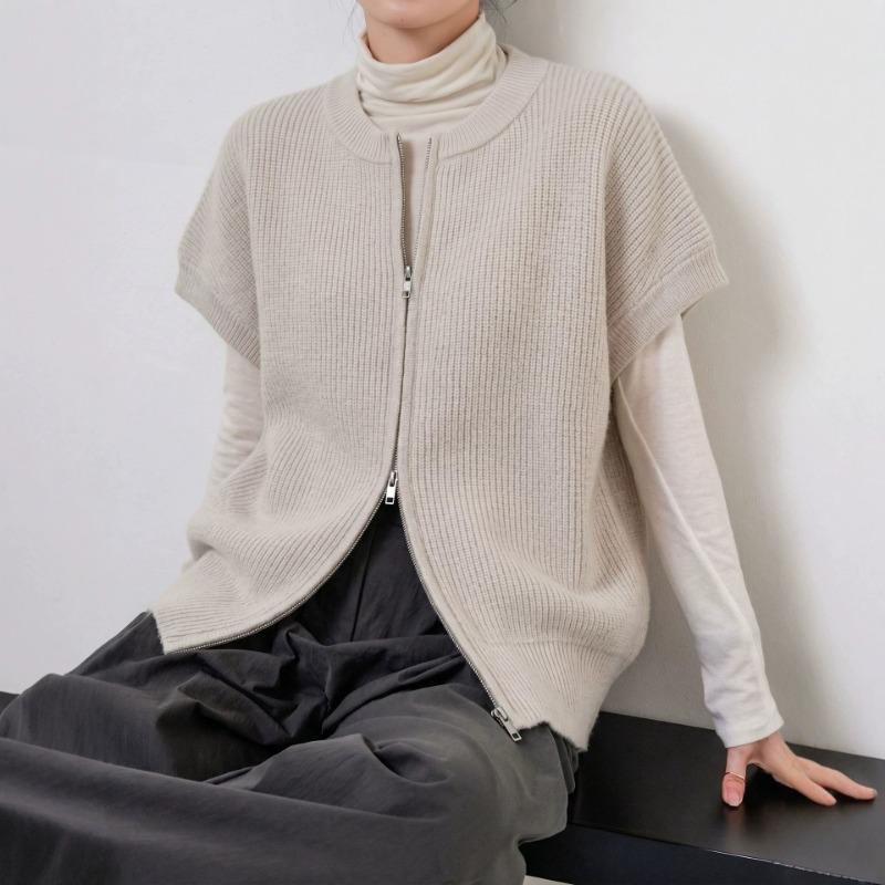 Western Style Double Zipper Knit Vest Women Loose Elegant Cardigan