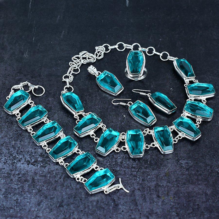 Natural Green Tourmaline Gemstone Handmade 925 Sterling Silver Jewelry Set d0z15