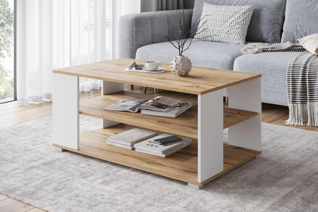 Modern Simple Rectangular Coffee Table with Shelves 100cm Wotan Oak White
